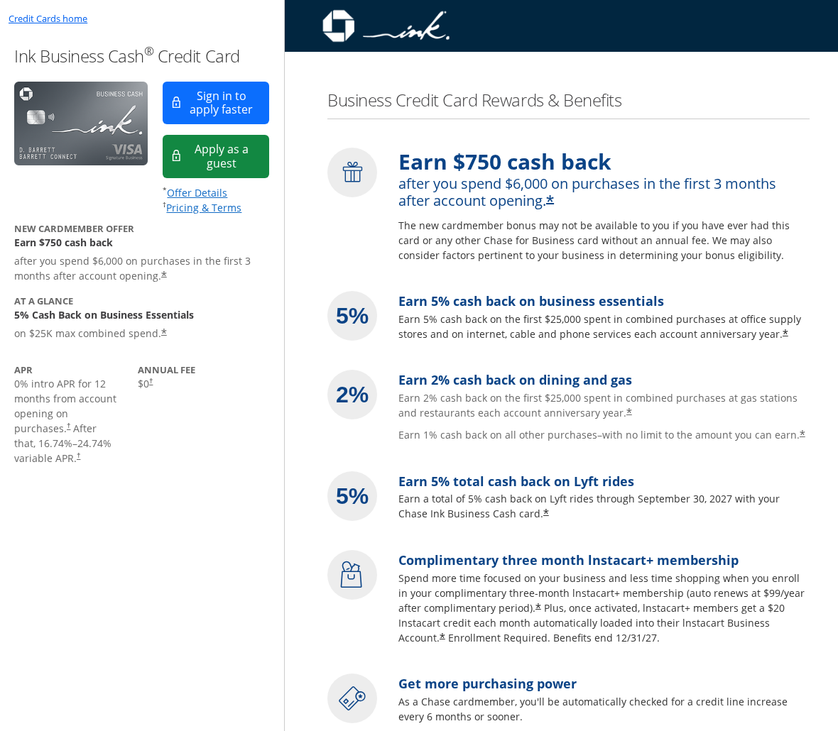 Chase Ink Business Cash card page on 23 September 2026 showing a $750 cash back bonus after $6,000 of purchases in 3 months, 5% and 2% categories capped at $25,000, a 0% intro APR for 12 months, a 16.74% to 24.74% variable APR and a $0 annual fee