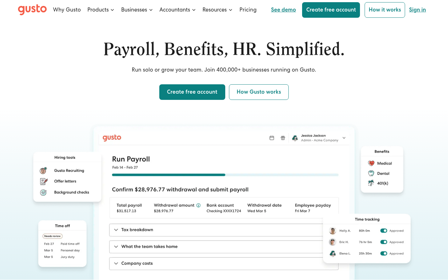 Gusto dashboard screenshot