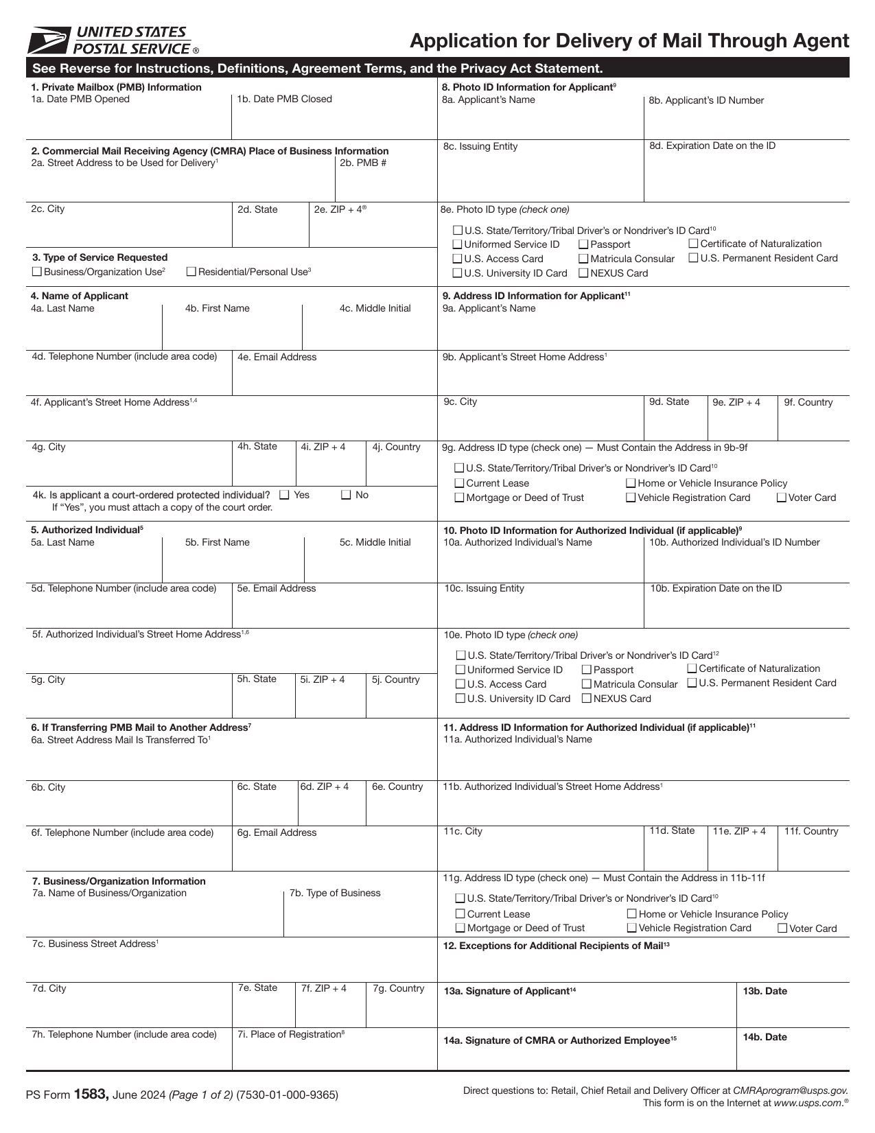 Page 1 of USPS PS Form 1583, Application for Delivery of Mail Through Agent, June 2024 edition. Box 2 is headed Commercial Mail Receiving Agency place of business information and includes field 2b for the PMB number. Boxes 4f and 9b both ask for the applicant's street home address. Box 9g lists the accepted address documents, a driver's or nondriver's ID card, a current lease, a mortgage or deed of trust, a home or vehicle insurance policy, a vehicle registration card, and a voter card. Box 13a is the signature of applicant and box 14a directly beneath it is headed signature of CMRA or authorized employee. No notary block appears on the page.